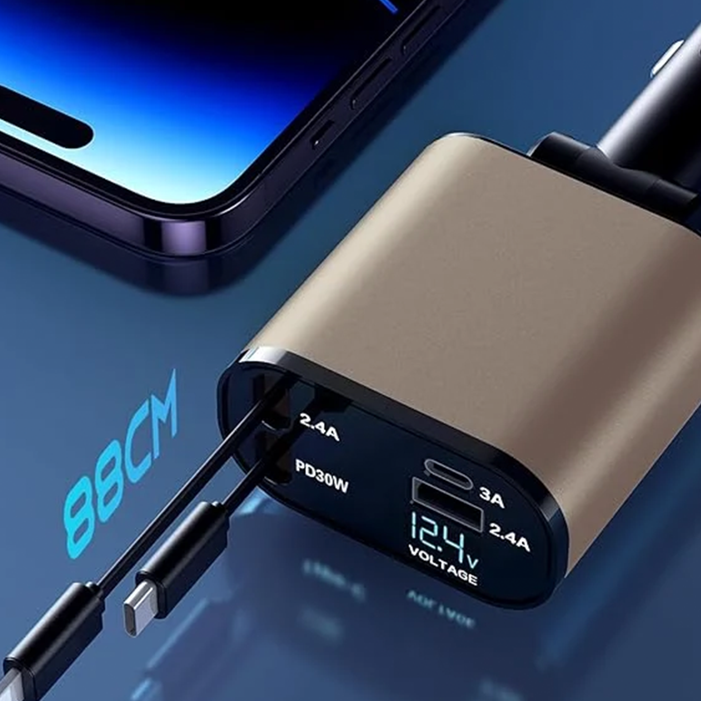 Four-Port Retractable Vehicle Charger, Multi-Device Fast Charging Car Power Adapter With Real-Time Voltage Display