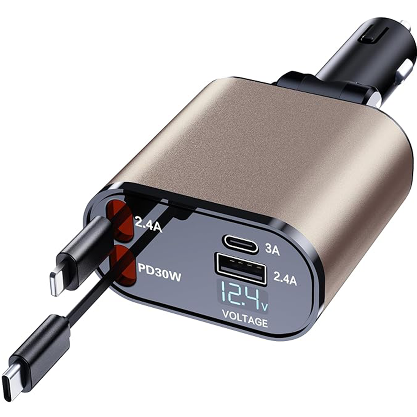 Four-Port Retractable Vehicle Charger, Multi-Device Fast Charging Car Power Adapter With Real-Time Voltage Display