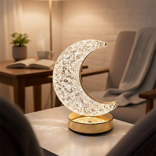 Crescent Shaped Prismatic Ambient Lamp, Warm Glow LED Desktop Night Light With Faceted Surface For Aesthetic Interior Styling
